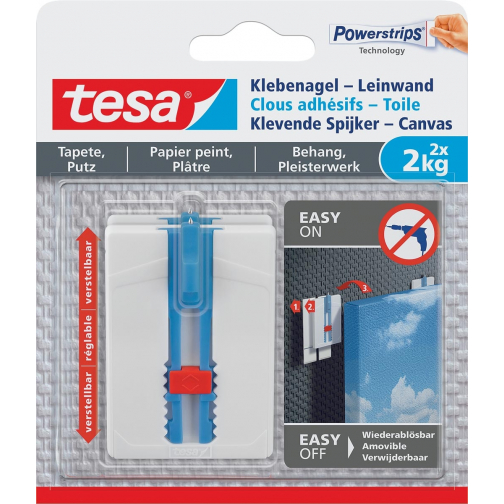 Tesa Clou adhésif Toile, supporte 2 kg, papier peint et plâtre, blanc, 2 clous et 6 languettes
