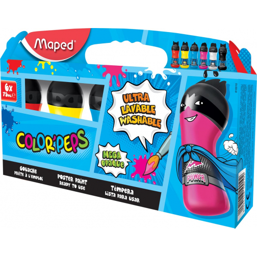Maped Color'Peps gouache, boîte distributrice avec 6 flacons de 75 ml en couleurs assorties primaires