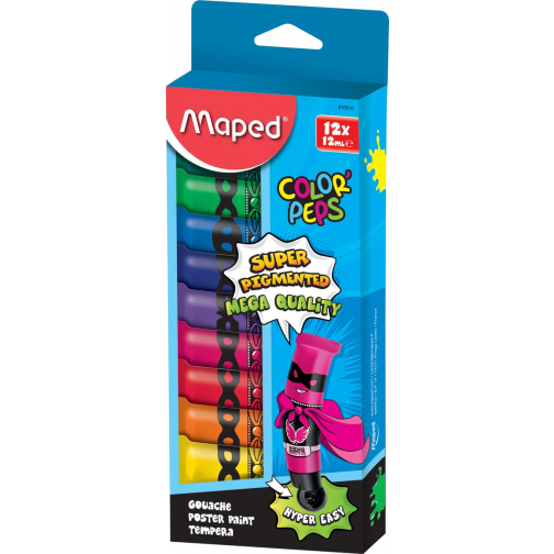 Maped Color'Peps gouache, tubes de 12 ml, boîte distributrice avec 12 tubes en couleurs assorties