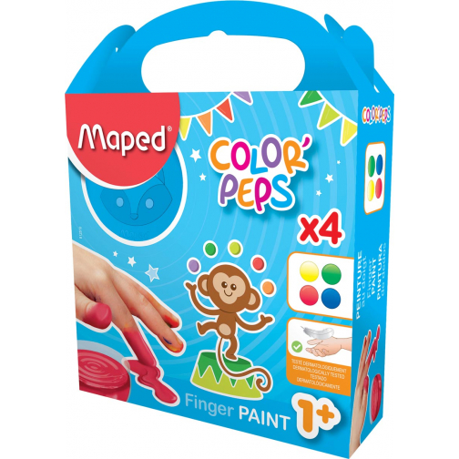 Maped peinture de doigts Color'Peps Early Age, boîte de 4 flacons de 80 ml en couleurs assorties