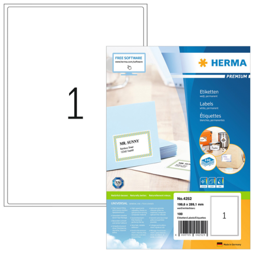 Etiquette HERMA Premium 4252 199,6x289,1mm blanc 100 pièces