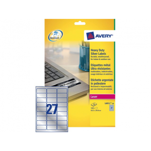 Etiket Avery L6011-20 63.5x29.6mm zilver 540stuk