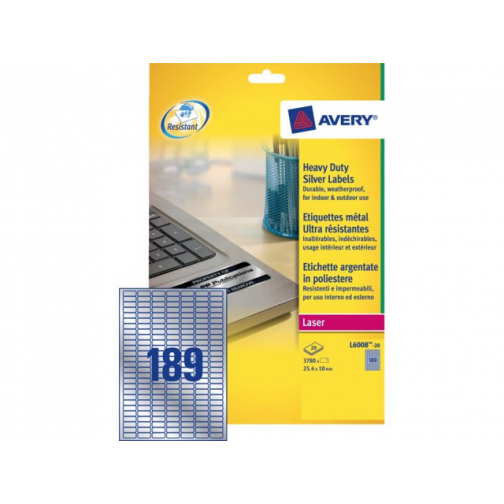 Etiket Avery L6008-20 25.4x10mm zilver 3780stuks