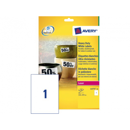 Etiket Avery L4775-20 210x297mm polyester wit 20stuks