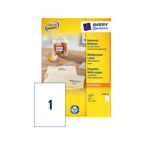 Etiquette Avery 3478-200 210x297mm A4 blanc 200 pièces