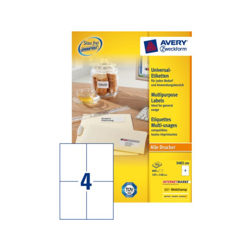 Etiquette Avery 3483-200 105x148mm A6 blanc 800 pièces