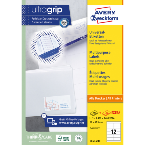 Etiket Avery Zweckform 3659-200 97x42.3mm wit 2400stuks