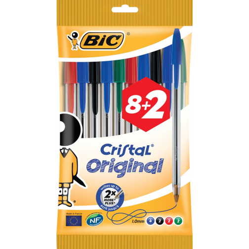 Bic stylo bille Cristal Medium, geassorteerde kleuren, blister 8 + 2 GRATUIT