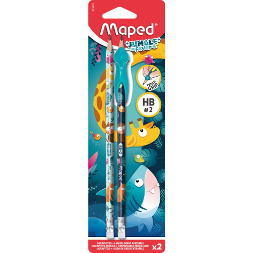 Maped crayon graphite Jungle Fever HB avec gomme, + guide-doigts, blister de 2 pièces, assorti
