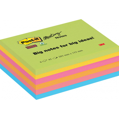 Post-it Super Sticky Meeting notes, 45 feuilles, ft 203 x 153 mm, couleurs assorties, paquet de 6 blocs