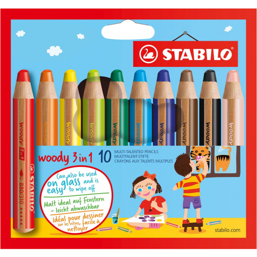 STABILO woody 3in1 crayon de couleur, étui de 10 pièces, assorti