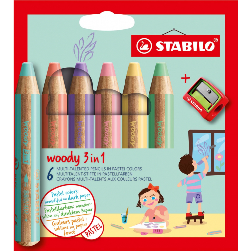 STABILO woody 3in1 crayon de couleur, étui de 6 pièces en couleurs pastel