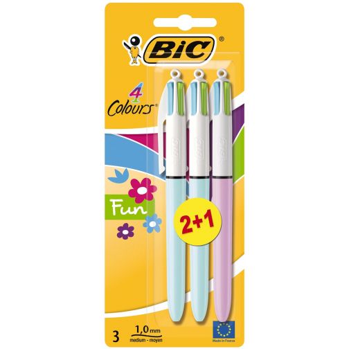 Bic 4 Colours Fun stylo bille 4 couleurs, moyen, 4 couleurs d'encre pastel, blister de 2+1 gratuit