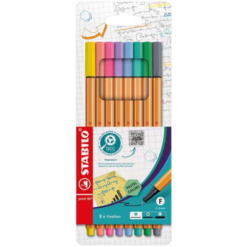 STABILO point 88 fineliner, pastel, étui de 8 pièces