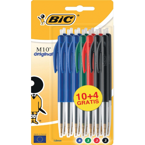 Bic stylo bille M10 Clic, 0,4 mm, pointe moyenne, couleurs assorties, blister de 10 pièces et 4 gratuits