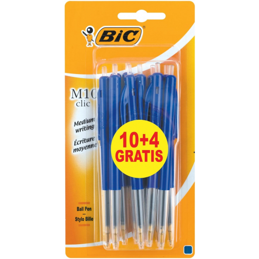 Bic stylo bille M10 Clic, 0,4 mm, pointe moyenne, bleu, blister de 10 pièces et 4 gratuits
