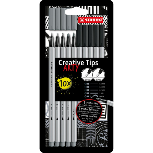 STABILO Creative Tips ARTY, pointes assorties, paquet de 10 pièces, gris/noir