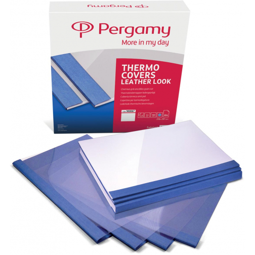Pergamy couvertures thermiques, ft A4, carton grain cuir, rug van 3 mm, paquet de 100 pièces, bleu