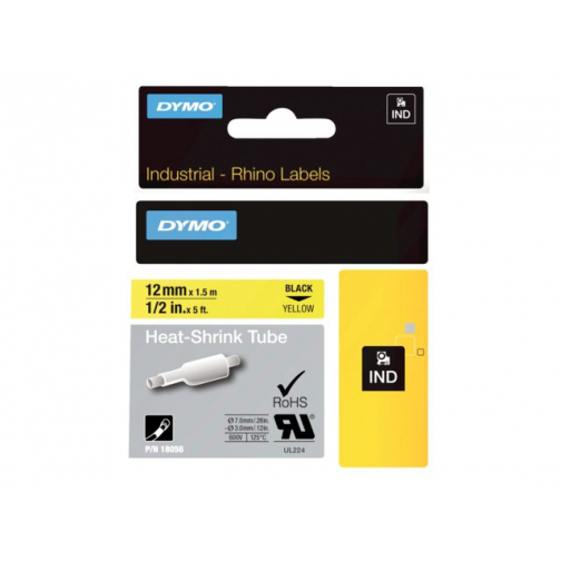 Labeltape Dymo Rhino 18056 krimpkous 12mm x1.5m zwart op gl