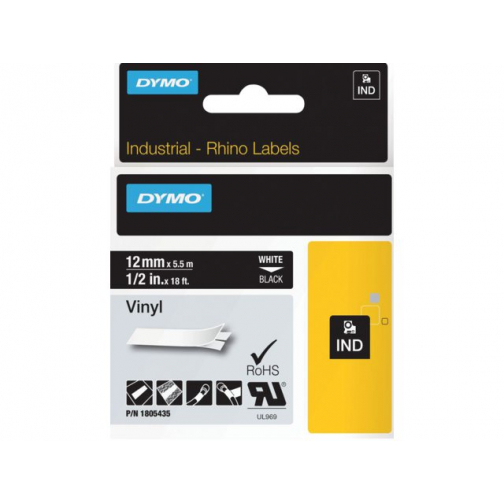 Labeltape Dymo Rhino 18054 vinyl 12mm x5.5m wit op zwart