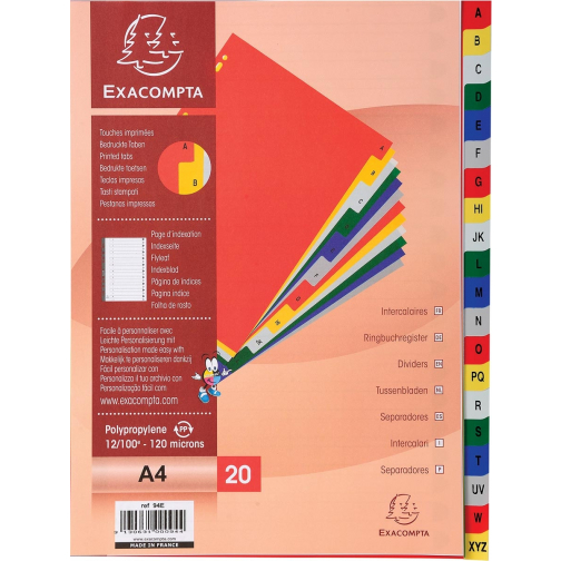 Exacompta intercalaires pour ft A4, en PP, de A à Z, 20 onglets, index, couleurs assorties