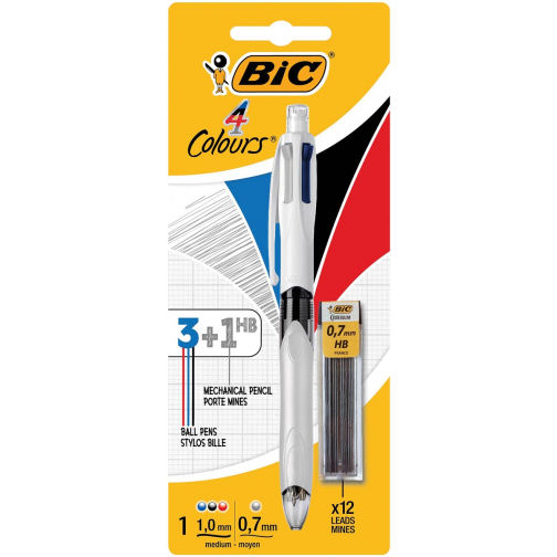 Bic 4 Colours 3 + 1 HB stylo bille 4 couleurs, moyen, 3 couleurs d'encre classique et un porte-mine 0,7 m