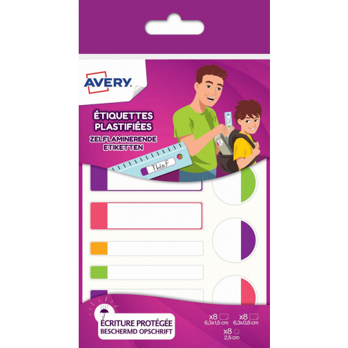 Avery Family étiquettes plastifiées, sachet brochable avec 24 étiquettes, formats et couleurs neon