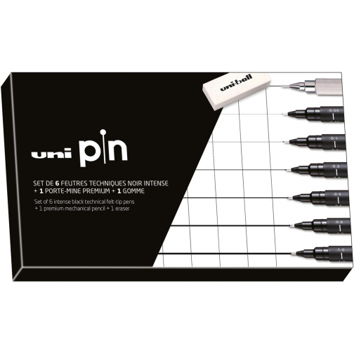 Uni Pin fineliner, pointe ronde, noir, boîte de 6 feutres + porte mines et gomme