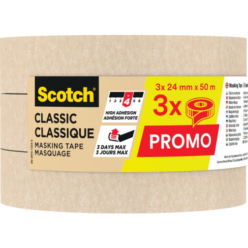 Scotch ruban de masquage classique, ft 24 mm x 50 m, paquet de 3 pièces