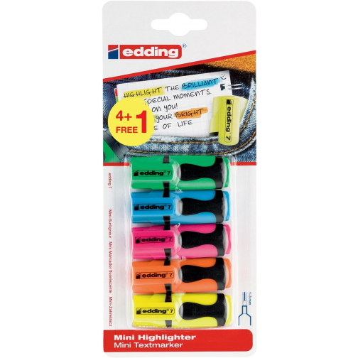 Edding surligneur mini 7, blister de 5 pièces (4 + 1 gratis) couleurs assorties