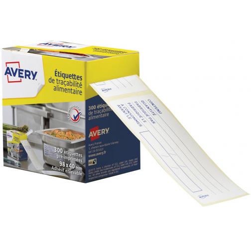 Avery étiquettes alimentaire, ft 98 x 40 mm, 1 roulleau 300 étiquettes en une boîte dévidoir, français