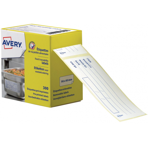Avery étiquettes alimentaire, ft 98 x 40 mm, 1 roulleau avec 300 étiquettes en une boîte dévidoir