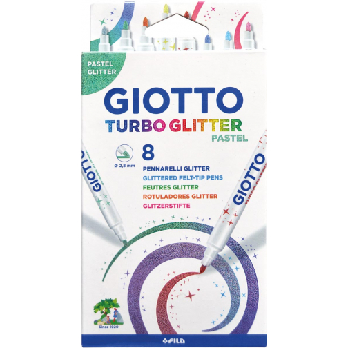 Giotto Turbo Glitter feutres de coloriage, étui cartonné de 8 pièces en couleurs pastel
