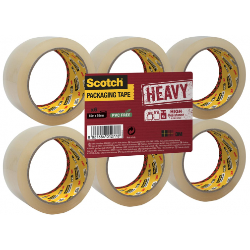 Scotch ruban d'emballage Heavy, ft 50 mm x 66 m, transparent, paquet de 6 pièces
