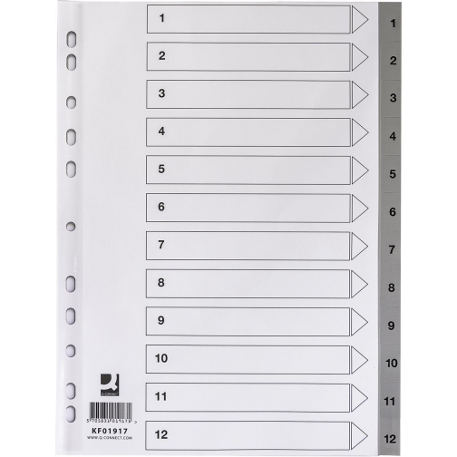 Q-CONNECT intercalaires, A4, PP, 11 trous, avec page de garde, jeu de 1-12, gris