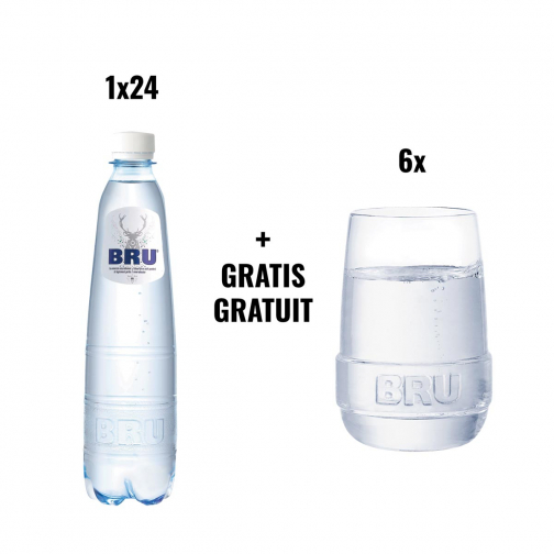 ACTION BRU: 1 x eau légèrement pétillante, 50 cl, 24 pièces (réf. 05180) + 1 x GRATUIT set de 6 verres