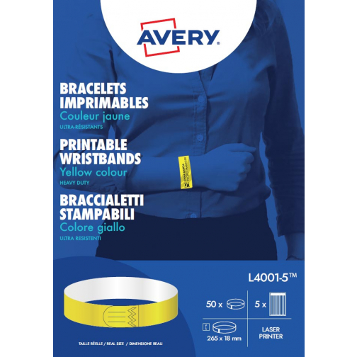 Avery bracelets imprimables, ft 18 x 265 mm, jaune, paquet de 50 étiquettes