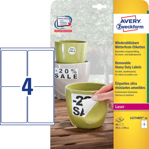 Avery étiquettes enlevables résistantes à l'humidité Ft 99,1 x139 mm (l x h), blanc boîte de 80 pièces