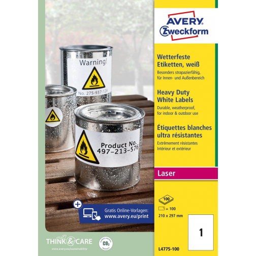 Avery étiquettes ultra-résistantes, ft 210 x 297 mm, blanc, boîte de 100 étiquettes