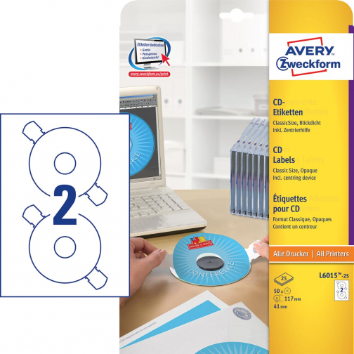 Avery Zweckform L6015-25 étiquettes pour CD, diamètre 117 mm, 50 étiquettes, blanc