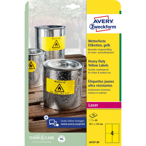 Avery étiquettes ultra-résistantes, ft 99,1 x 139 mm, jaune, paquet de 80 étiquettes