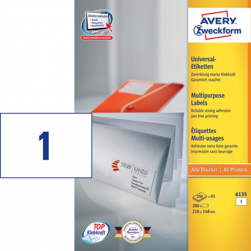 Avery étiquettes universelle A5 Ft 210 x 148 mm (l x h), blanc, boîte de 200 étiquettes
