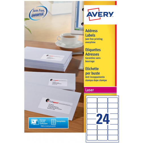 Avery L7159, Etiquettes adresses, Laser, Ultragrip, blanches, 100 pages, 24 per page, 63,5 x 33,9 mm
