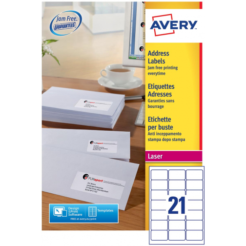 Avery L7160, Etiquettes adresses, Laser, Ultragrip, blanches, 250 pages, 21 per page, 63,5 x 38,1 mm