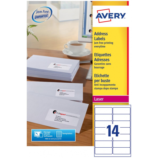 Avery L7163, Etiquettes adresses, Laser, Ultragrip, blanches, 250 pages, 14 per page, 99,1 x 38,1 mm