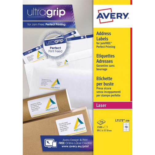 Avery étiquettes blanches laser ft 99,1 x 57 mm, 2500 pièces, 10 par feuille