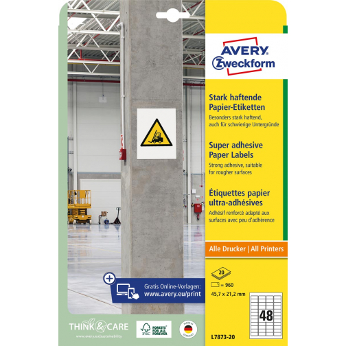 Avery étiquettes en papier adhésives extra fortes ft 45,7 x 21,2 mm, paquet de 960 étiquettes