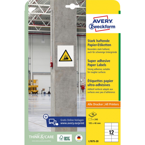 Avery étiquettes en papier adhésives extra fortes ft 105 x 48 mm, paquet de 240 étiquettes