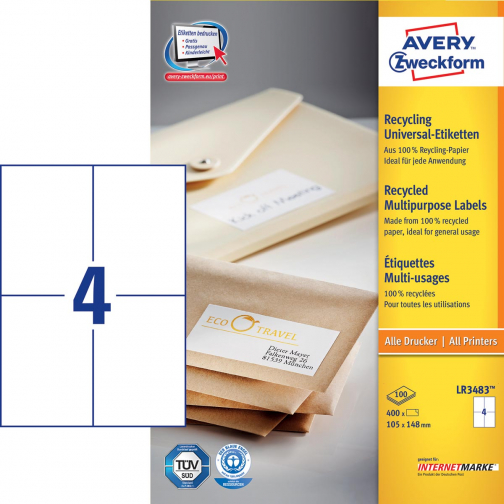 Avery étiquettes blanches universelles recyclées ft 105 x 148 mm (l x h), 400 pièces, 4 par feuille