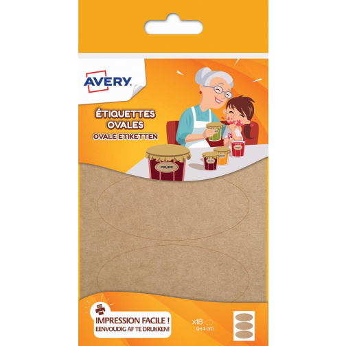 Avery Family étiquettes ovales, ft 4 x 9 cm, kraft, sachet brochable avec 18 étiquettes